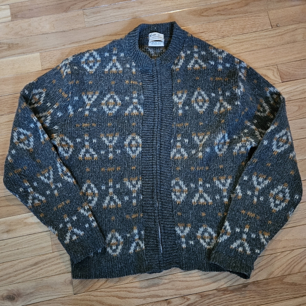 Sears Sportswear Mens Wool Mohair Blend Cardigan Sweater L Grunge Aztec Full Zip
